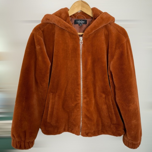 CoffeeShop Jackets & Blazers - Brown Hoodie Zipper Teddy Jacket, size L